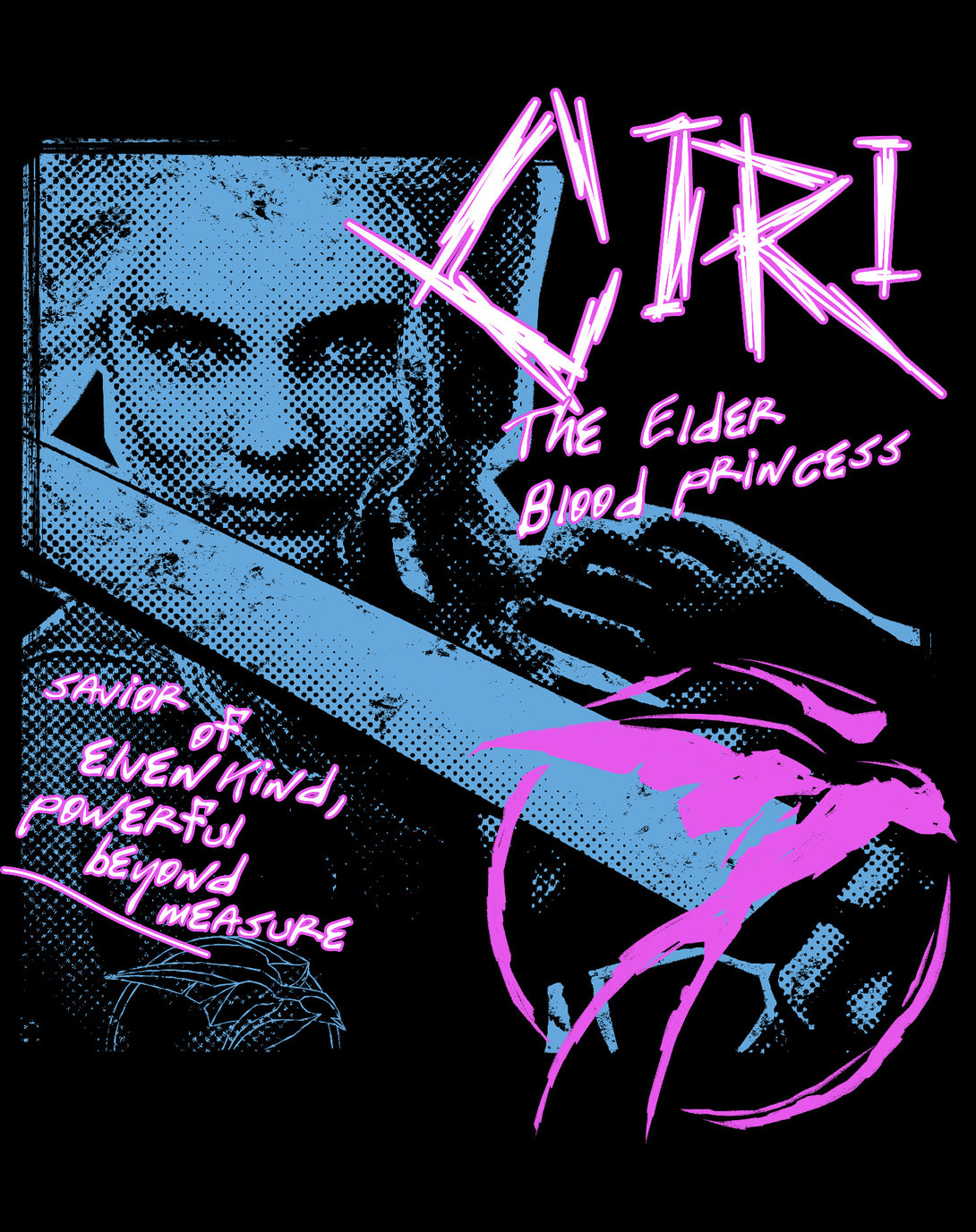 The Witcher Ciri Splash Princess Punk Official Men's T-Shirt Black - Urban Species Design Close Up