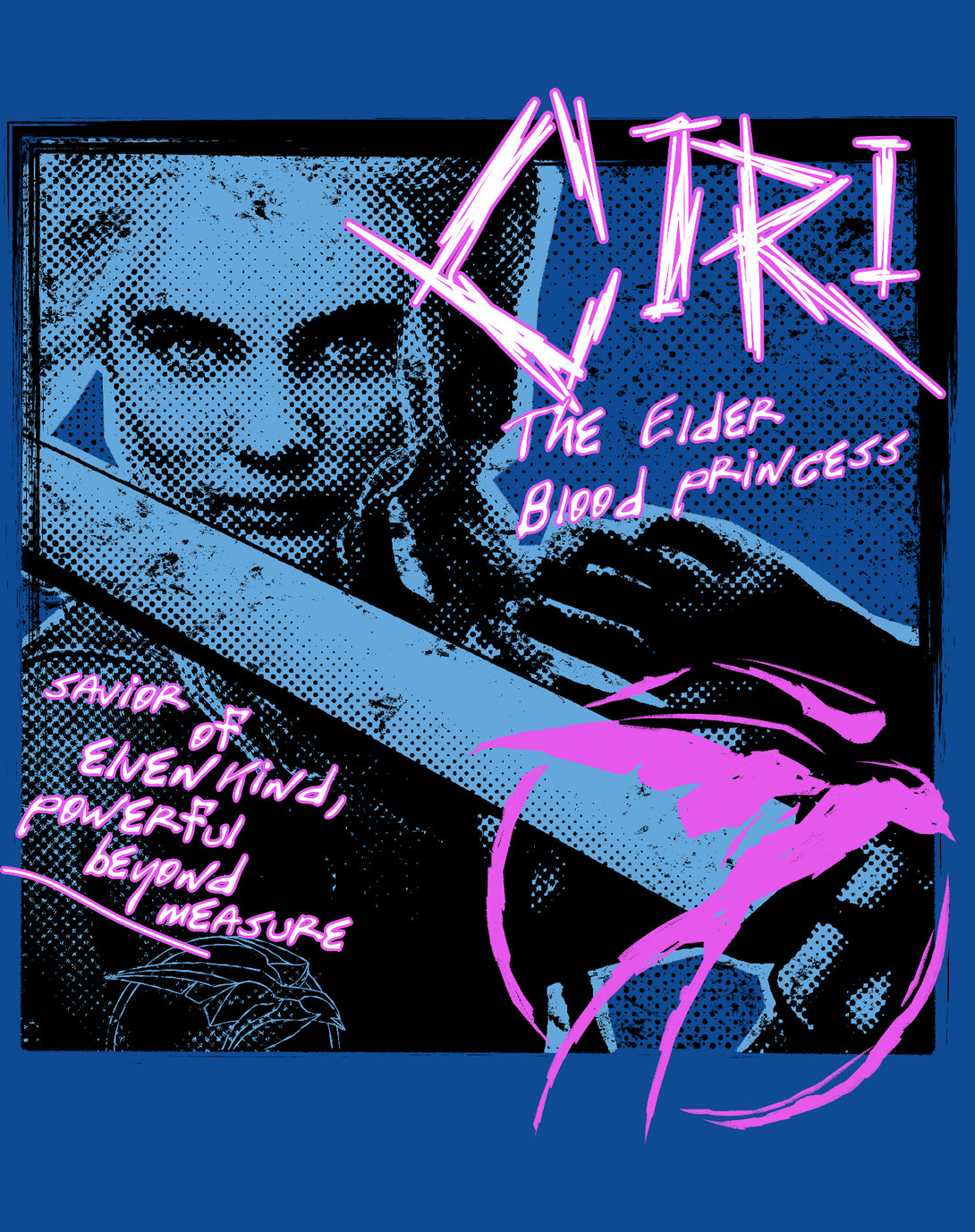 The Witcher Ciri Splash Princess Punk Official Men's T-Shirt Blue - Urban Species Design Close Up