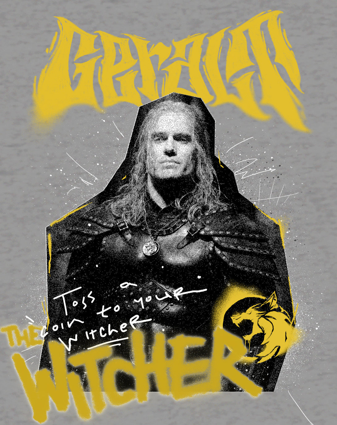 The Witcher Geralt Coin Toss Official Men's T-Shirt Sports Grey Design Close Up
