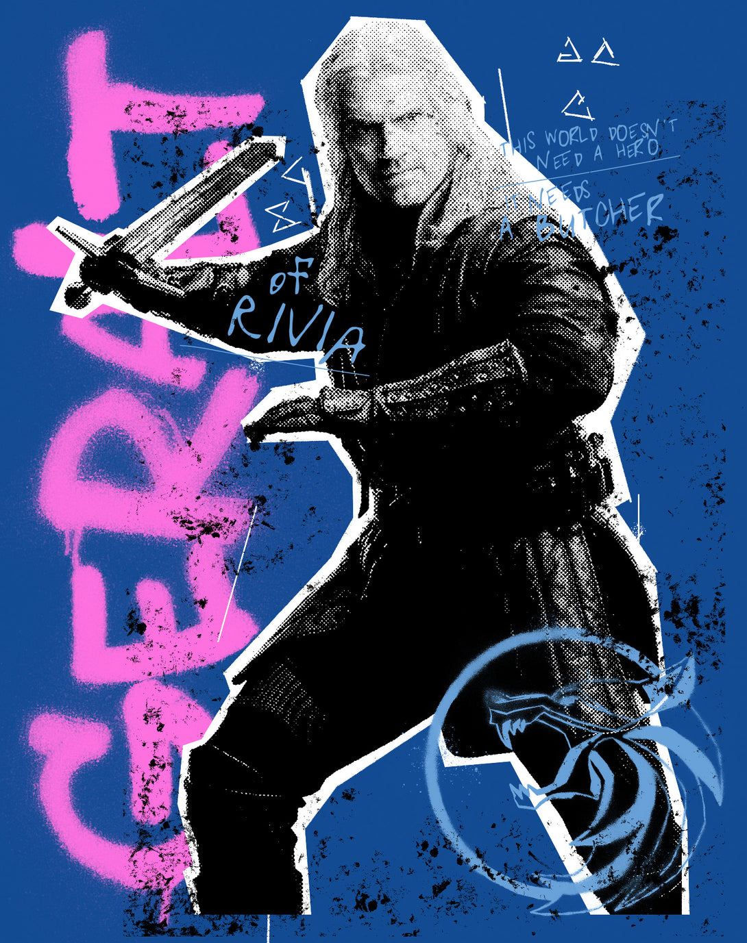 The Witcher Geralt Graffiti Slayer Official Women's T-Shirt Blue - Urban Species Design Close Up