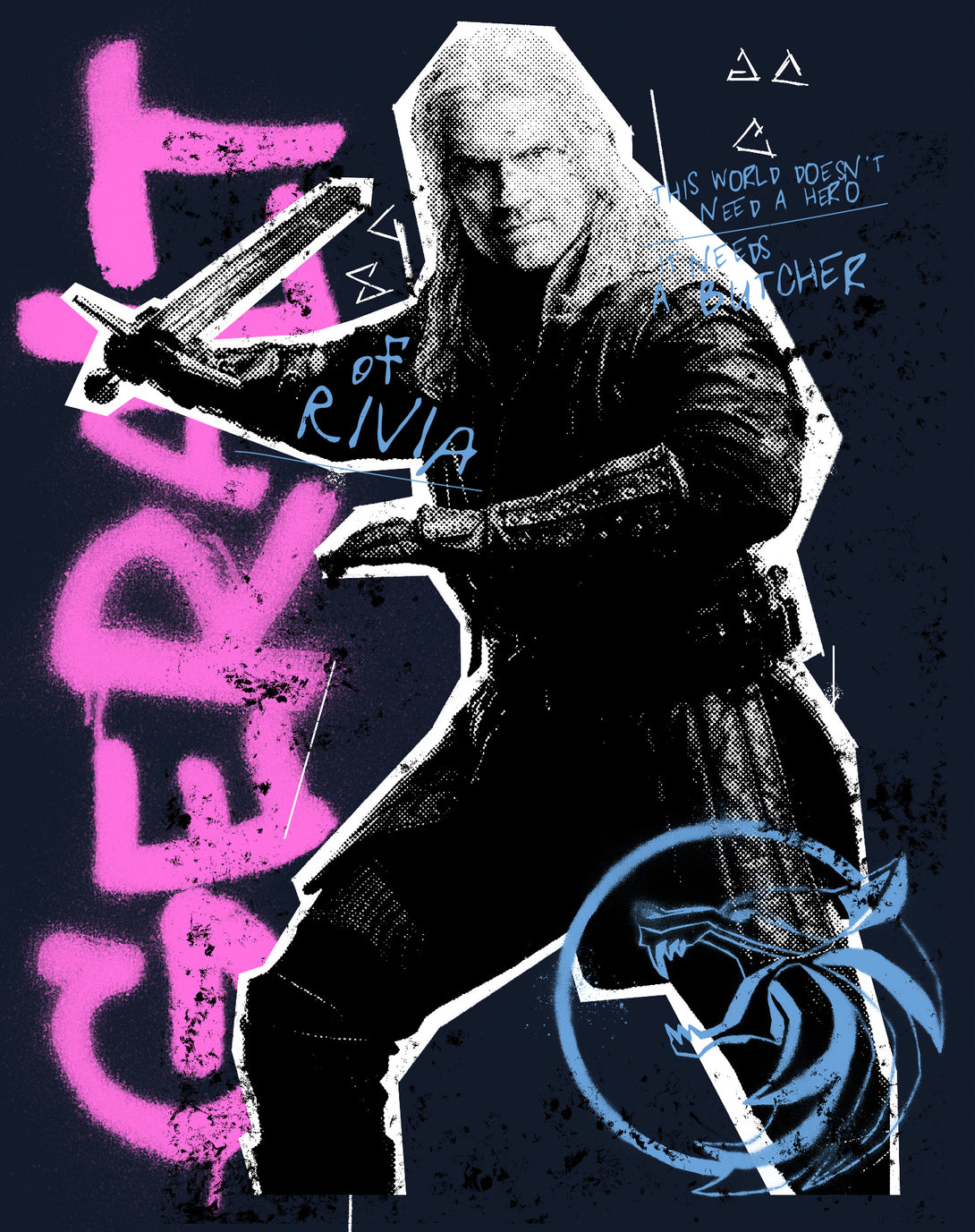 The Witcher Geralt Graffiti Slayer Official Women's T-Shirt Navy - Urban Species Design Close Up