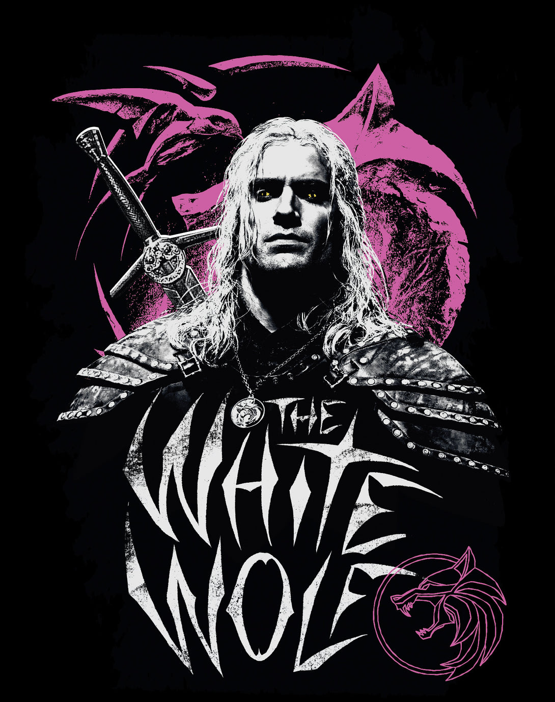 The Witcher Geralt Splash White Wolf Official Men's T-Shirt Black - Urban Species Design Close Up