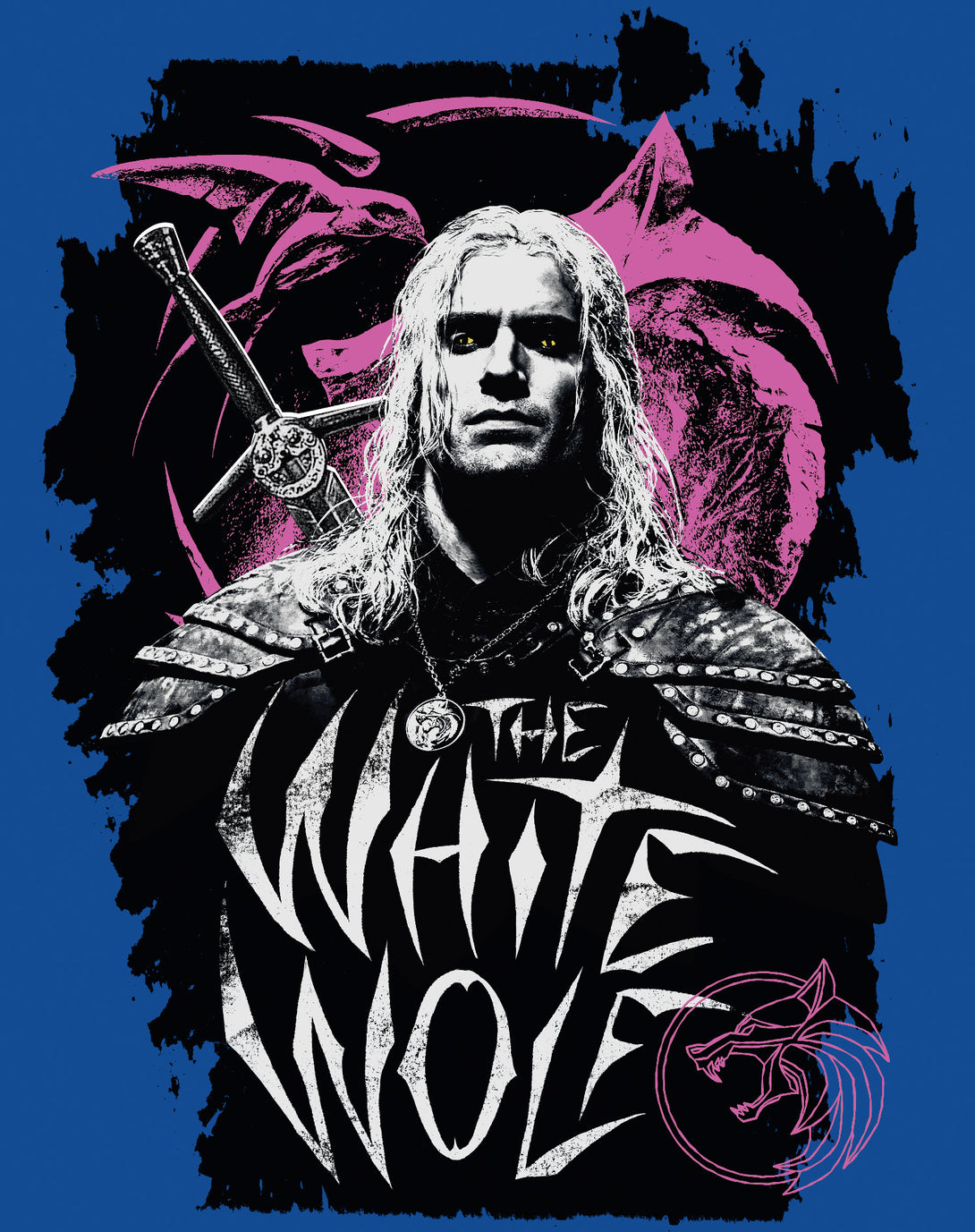 The Witcher Geralt Splash White Wolf Official Sweatshirt Blue - Urban Species Design Close Up