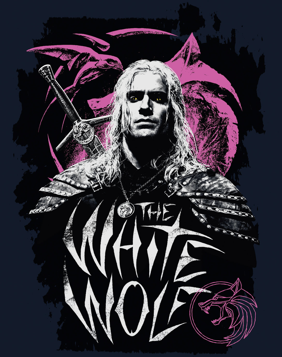 The Witcher Geralt Splash White Wolf Official Men's T-Shirt Navy - Urban Species Design Close Up