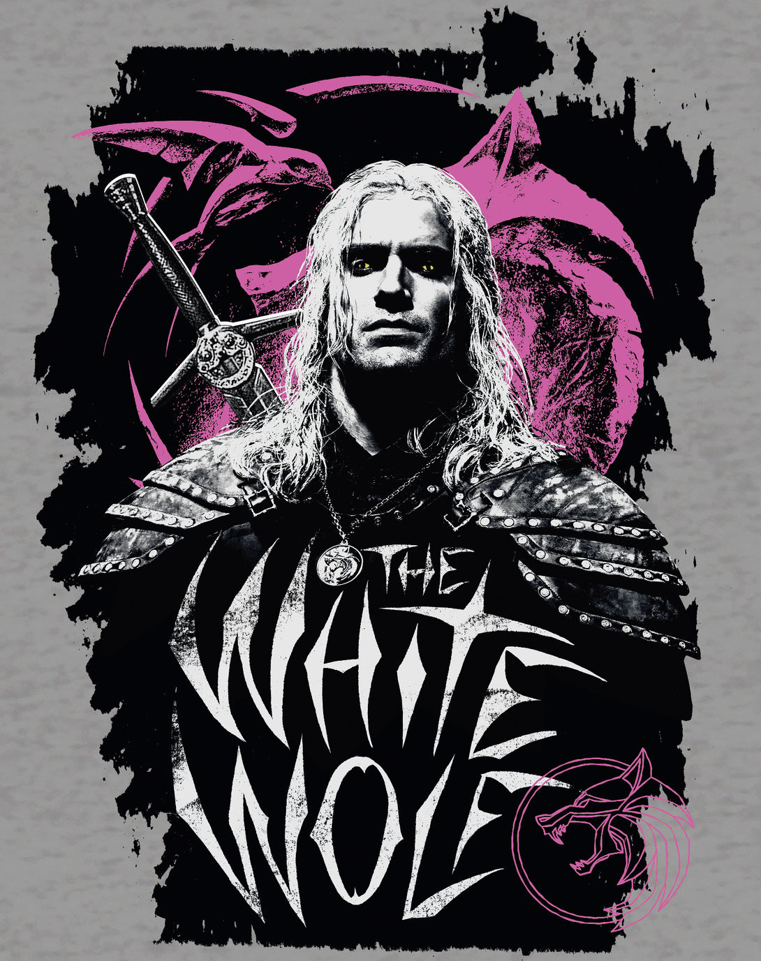 The Witcher Geralt Splash White Wolf Official Men's T-Shirt Sports Grey - Urban Species Design Close Up