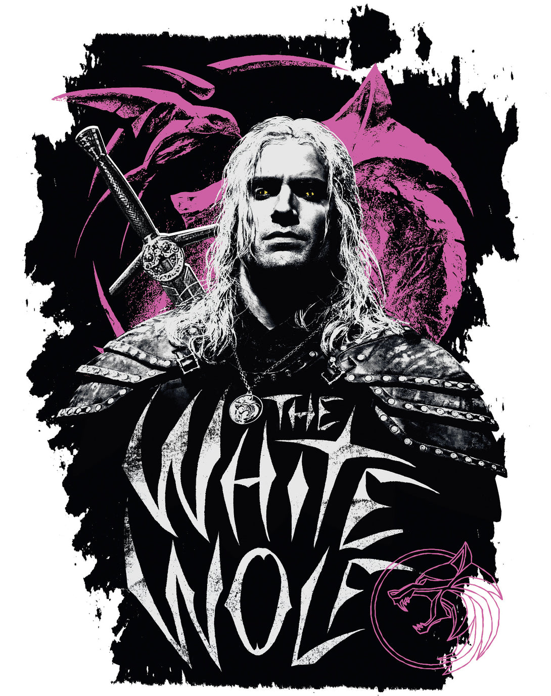 The Witcher Geralt Splash White Wolf Official Men's T-Shirt White - Urban Species Design Close Up