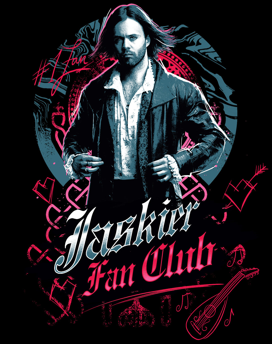 The Witcher Jaskier Splash Fan Club Official Men's T-Shirt Black - Urban Species Design Close Up