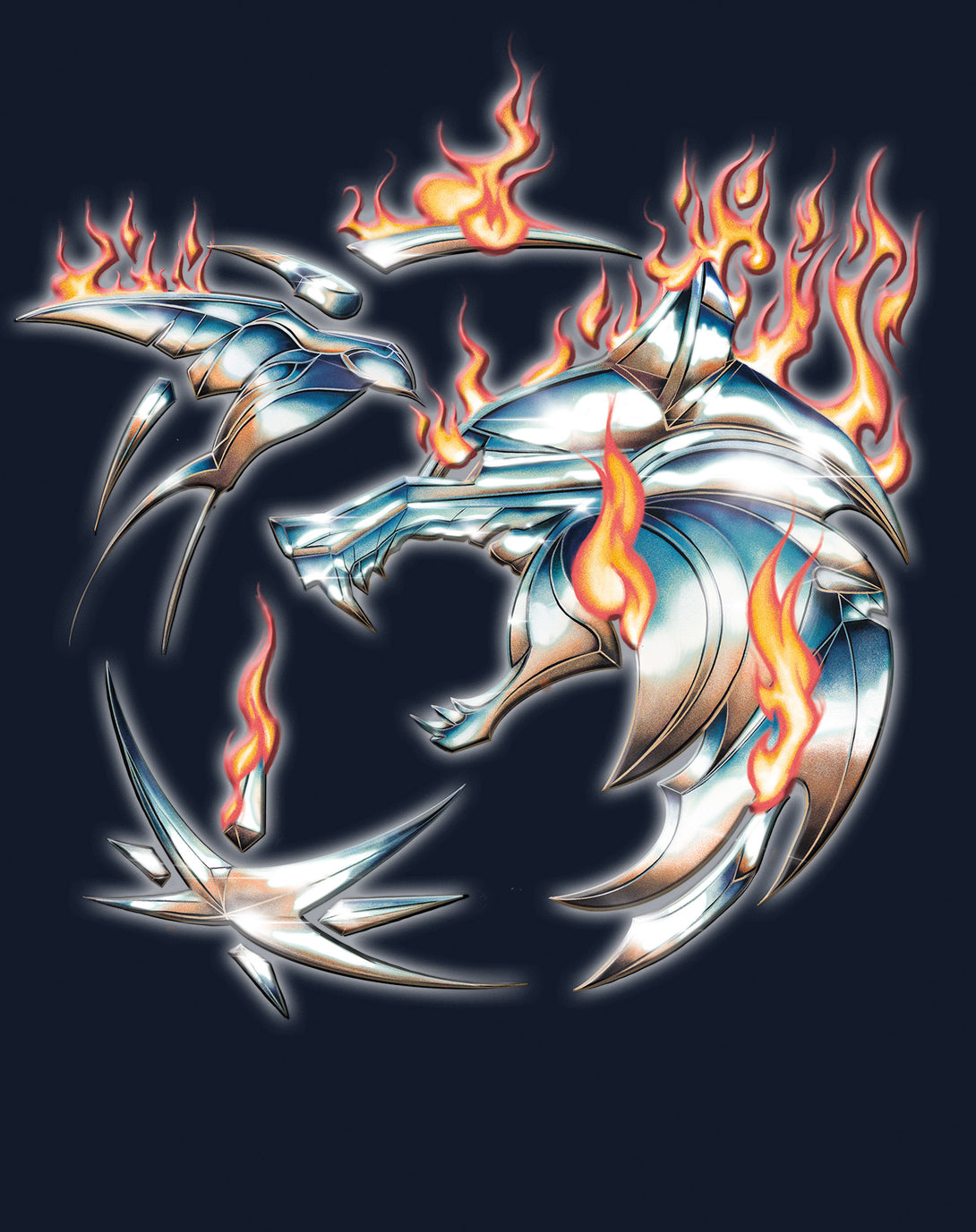 The Witcher Logo Metal Fire Official Men's T-Shirt Navy - Urban Species Design Close Up