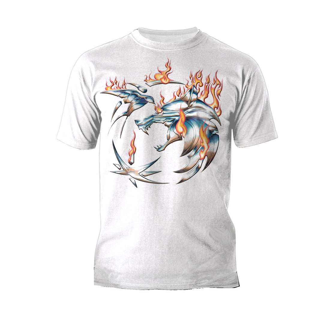 The Witcher Logo Metal Fire Official Men's T-Shirt White - Urban Species 