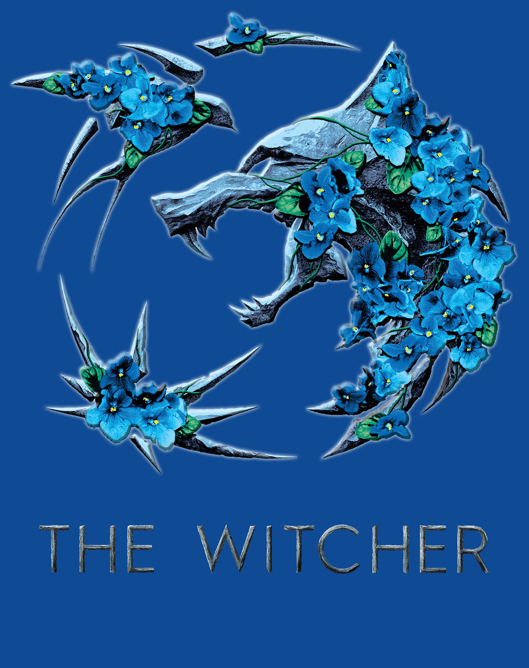 The Witcher Logo Metallic Flowers Official Men's T-Shirt Blue - Urban Species  Design Close Up