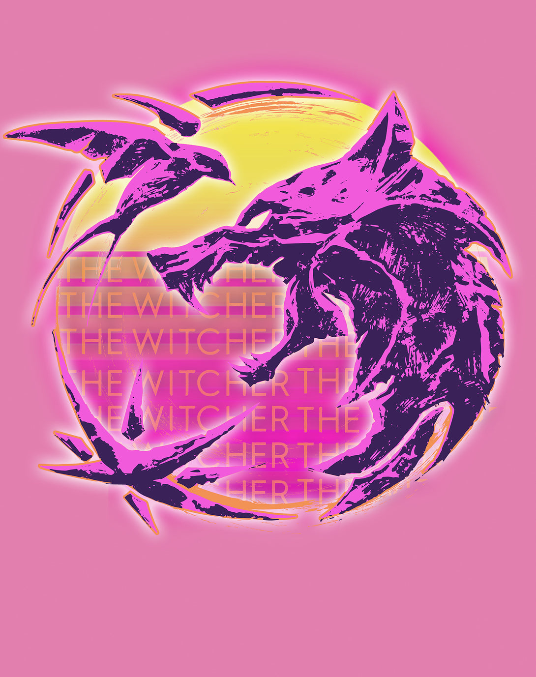 The Witcher Logo Synthwave Neon Sunset Official Men's T-Shirt Pink - Urban Species Design Close Up