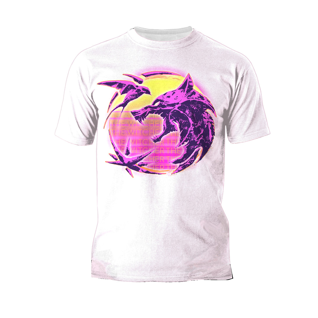 The Witcher Logo Synthwave Neon Sunset Official Men's T-Shirt White - Urban Species 