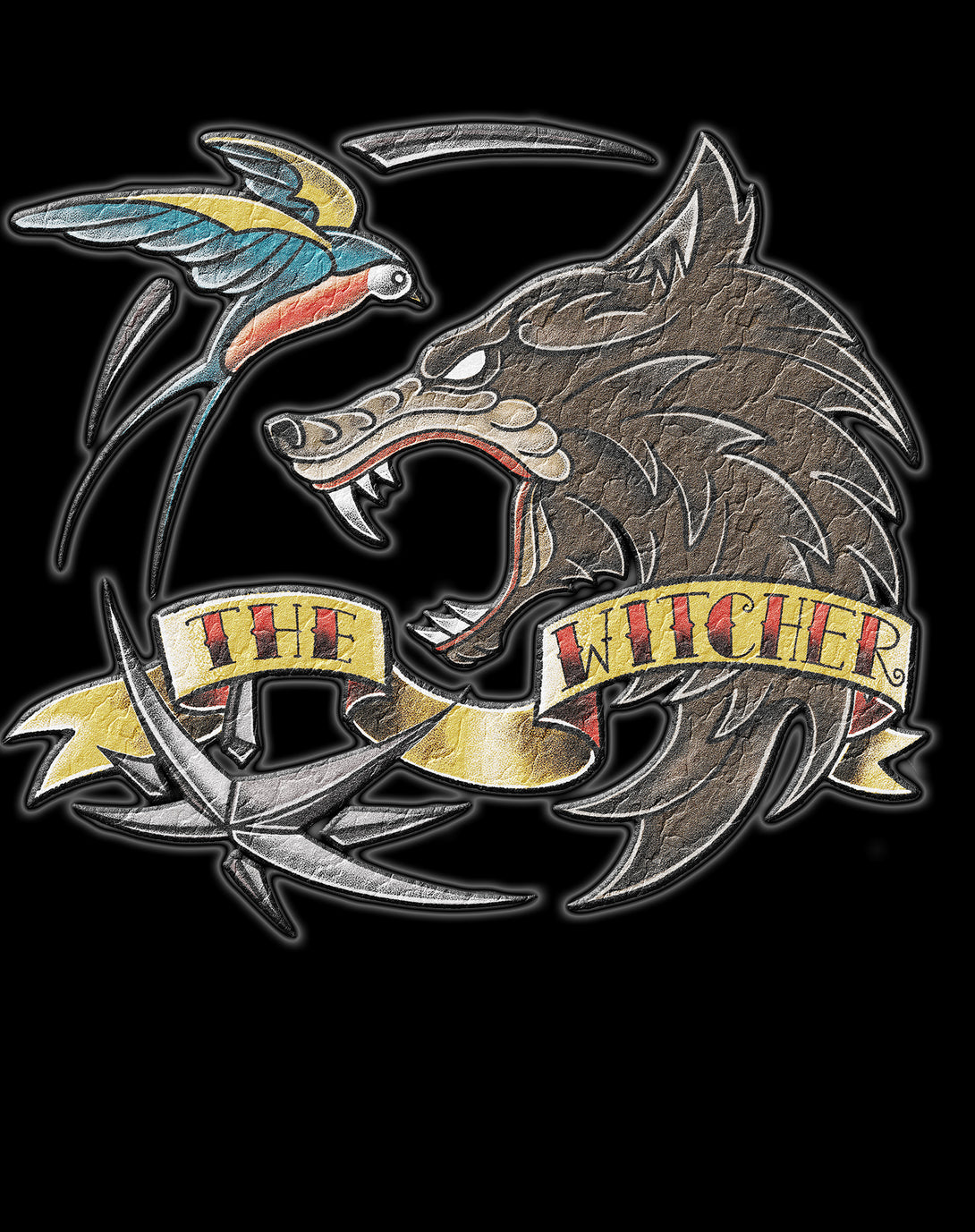 The Witcher Logo Tattoo Wolf Official Sweatshirt Black - Urban Species Design Close Up
