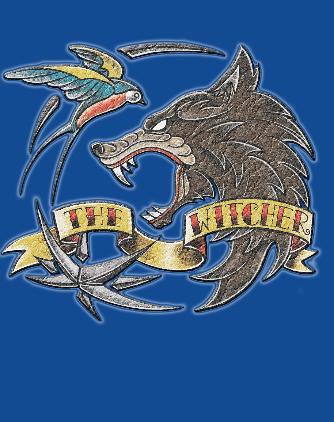 The Witcher Logo Tattoo Wolf Official Men's T-Shirt Blue - Urban Species Design Close Up