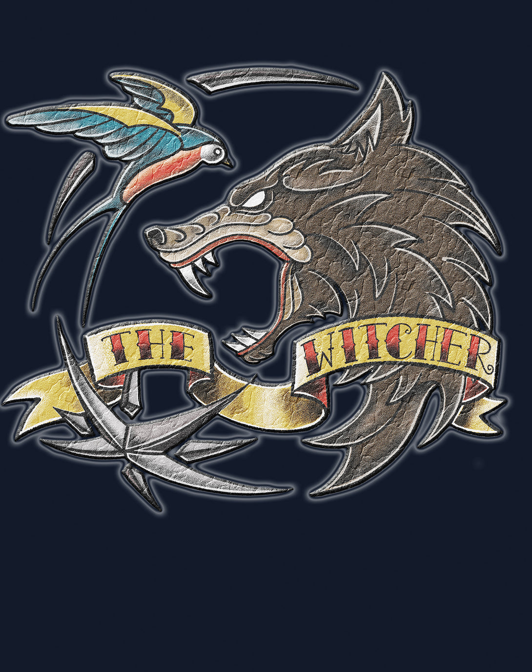 The Witcher Logo Tattoo Wolf Official Men's T-Shirt Navy - Urban Species Design Close Up