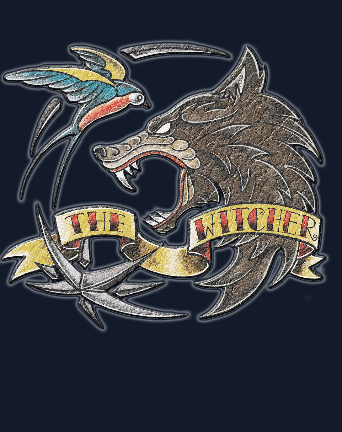 The Witcher Logo Tattoo Wolf Official Women's T-Shirt Navy - Urban Species Design Close Up