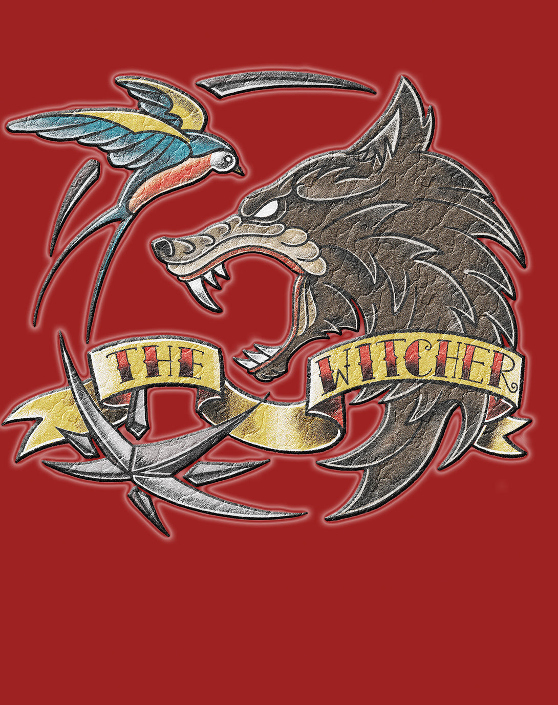 The Witcher Logo Tattoo Wolf Official Sweatshirt Red - Urban Species Design Close Up