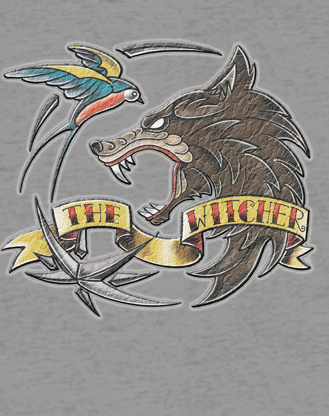 The Witcher Logo Tattoo Wolf Official Men's T-Shirt Sports Grey - Urban Species Design Close Up