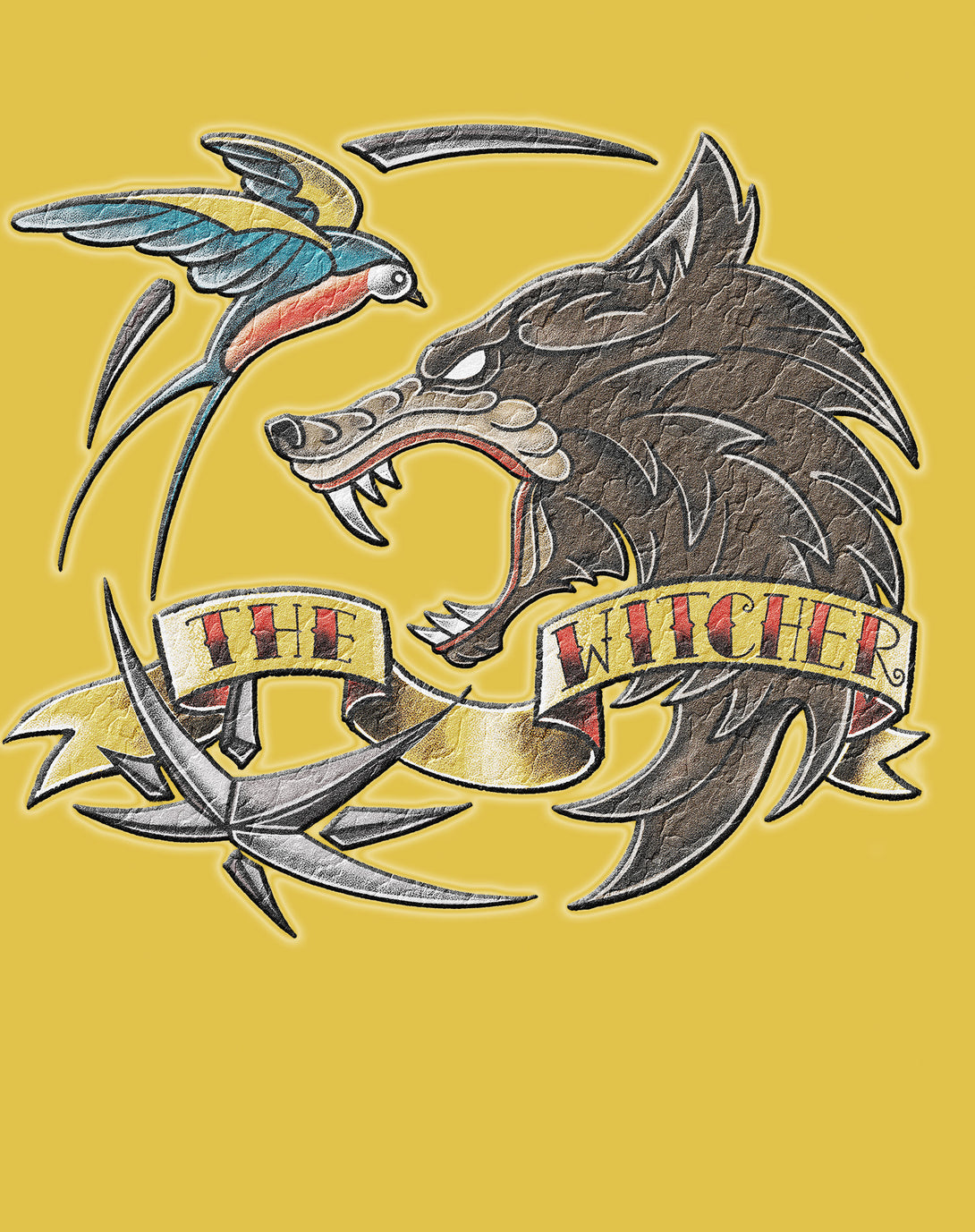 The Witcher Logo Tattoo Wolf Official Men's T-Shirt Yellow - Urban Species Design Close Up