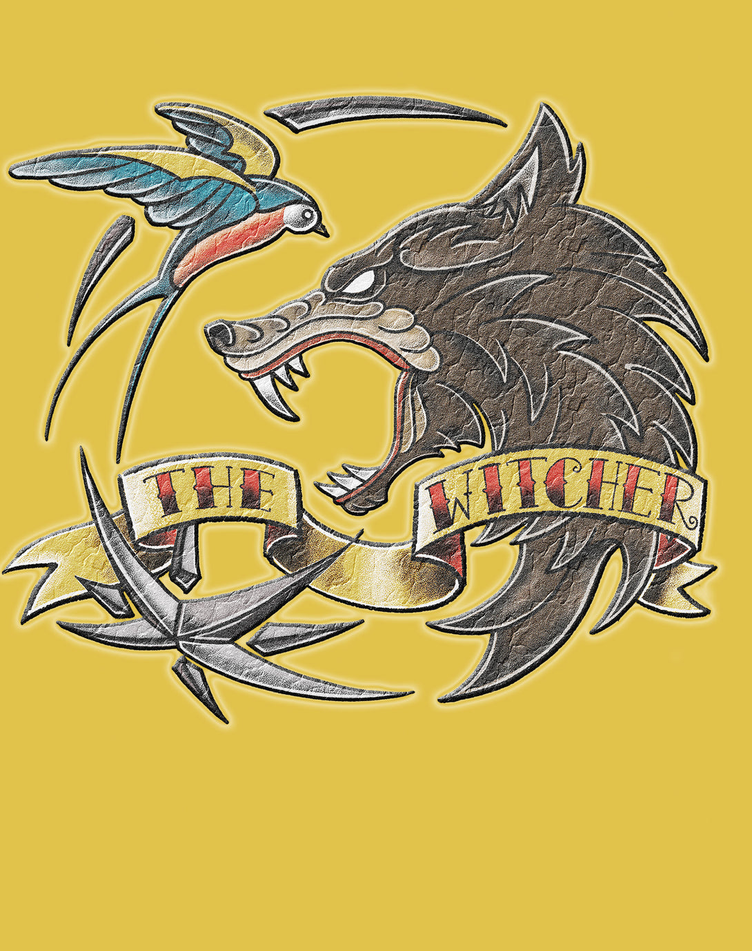 The Witcher Logo Tattoo Wolf Official Women's T-Shirt Yellow - Urban Species Design Close Up