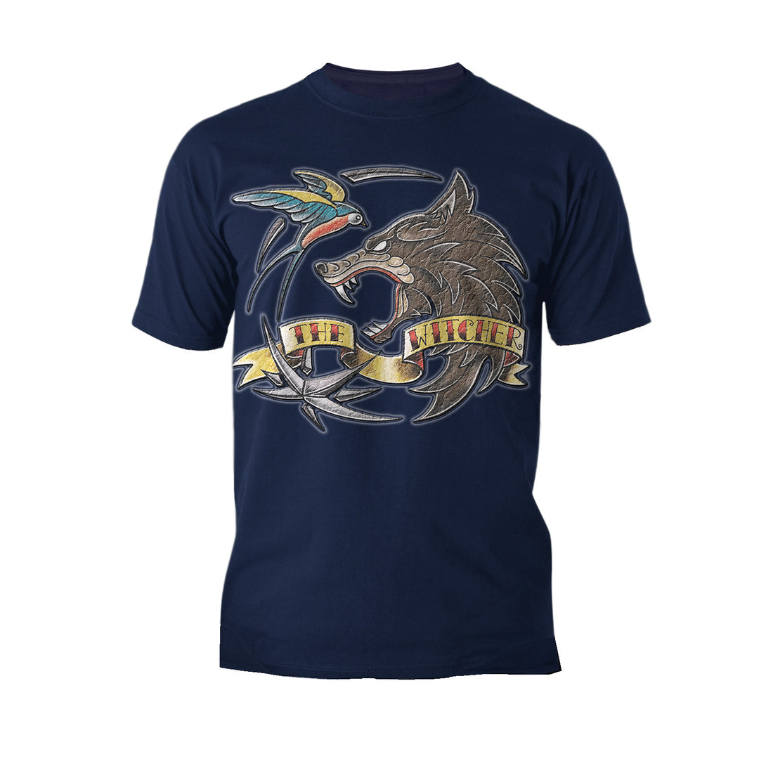 The Witcher Logo Tattoo Wolf Official Men's T-Shirt Navy - Urban Species