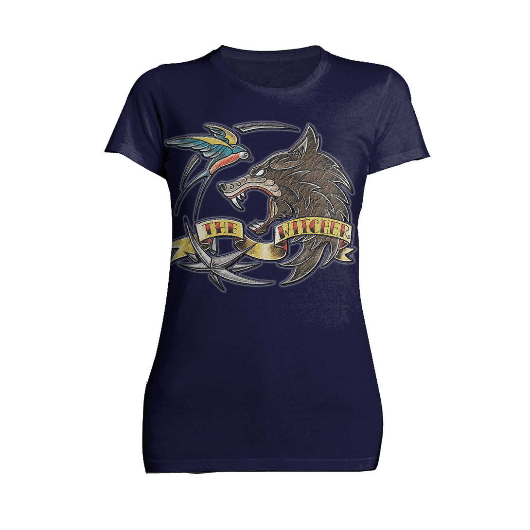 The Witcher Logo Tattoo Wolf Official Women's T-Shirt Navy - Urban Species