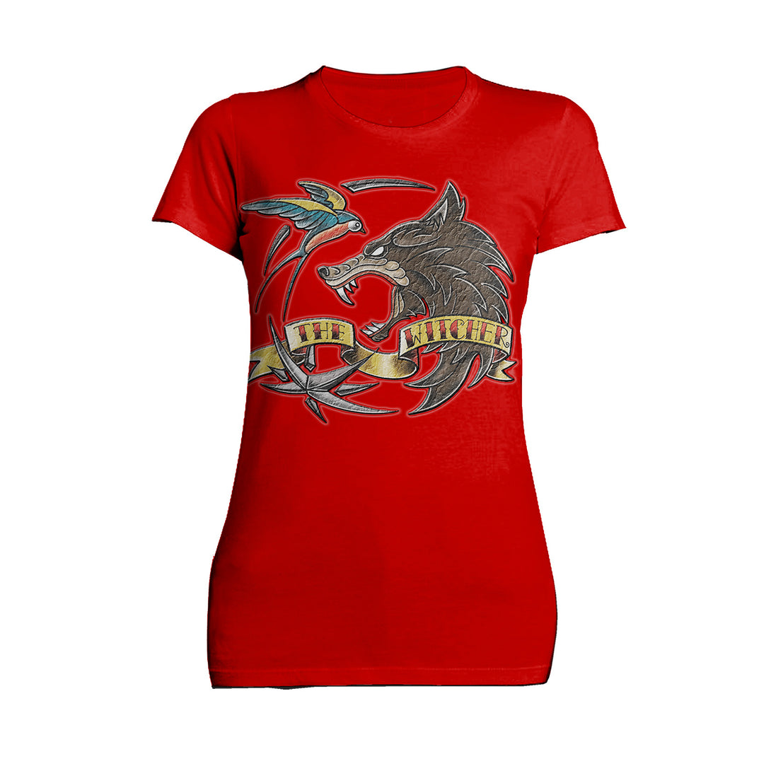 The Witcher Logo Tattoo Wolf Official Women's T-Shirt Red - Urban Species