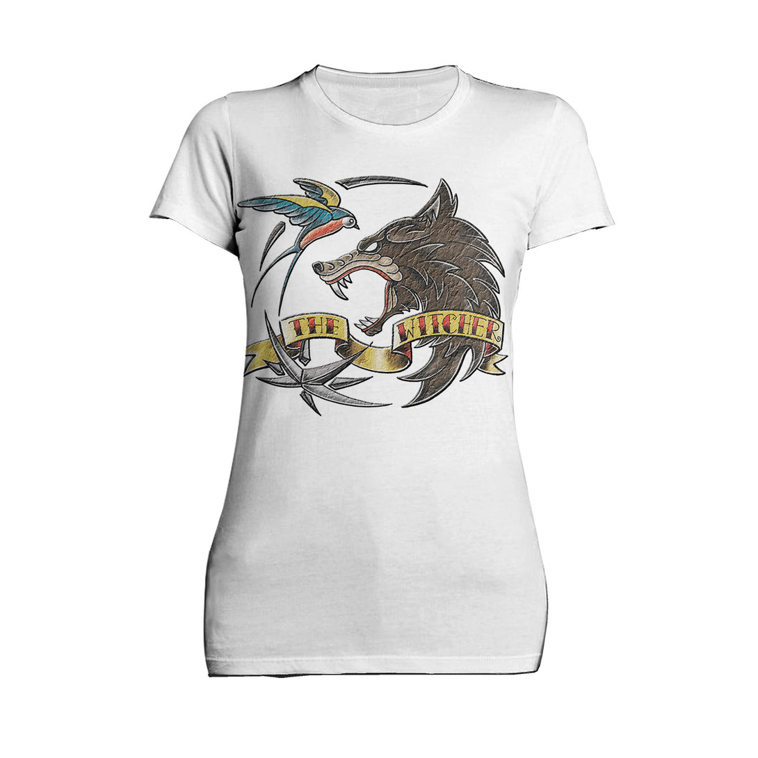 The Witcher Logo Tattoo Wolf Official Women's T-Shirt White - Urban Species