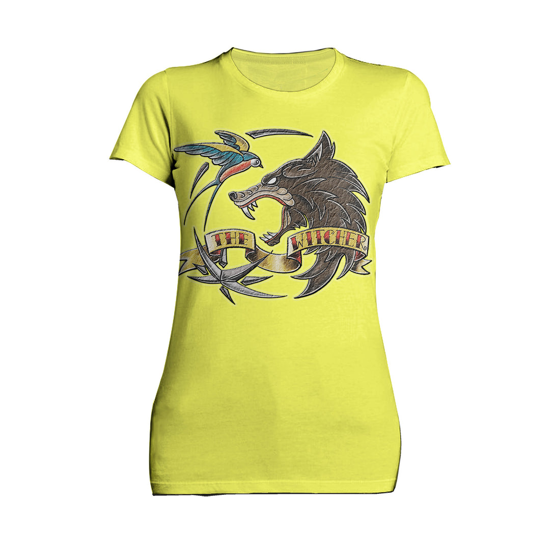 The Witcher Logo Tattoo Wolf Official Women's T-Shirt Yellow - Urban Species