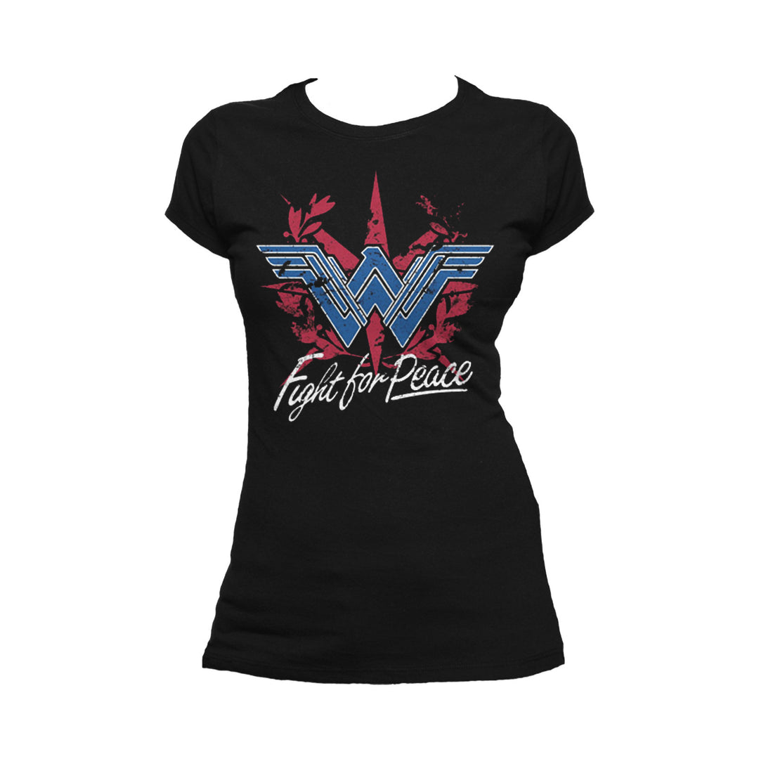 DC Wonder Woman Logo Fight Peace Official Women's T-shirt (Black) - Urban Species Ladies Short Sleeved T-Shirt
