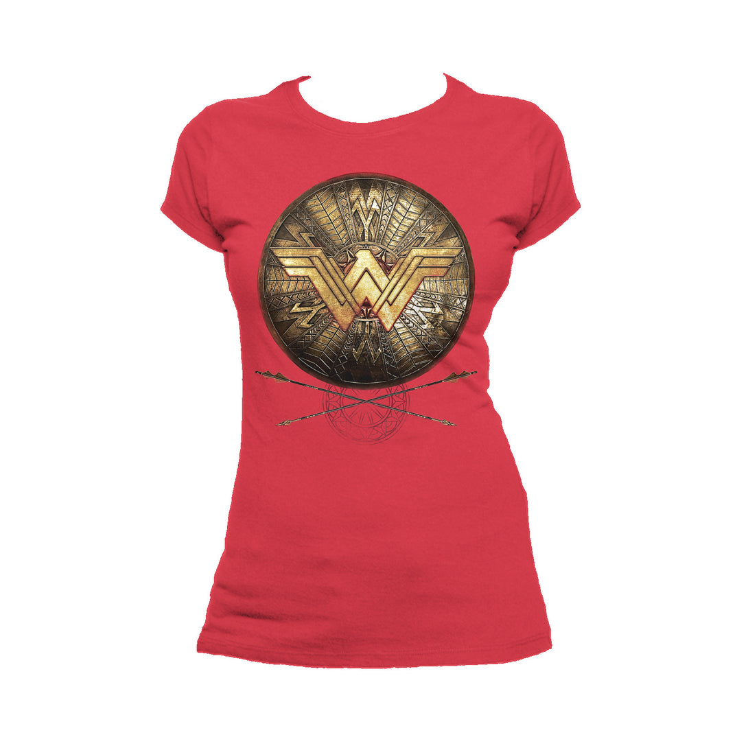 DC Wonder Woman Logo 3D Shield Official Women's T-shirt (Red) - Urban Species Ladies Short Sleeved T-Shirt