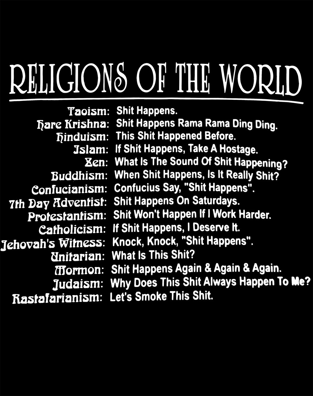 Close Up Urban Attitude Just for Lolz Religions of the World Men's Joke T-shirt (Black)