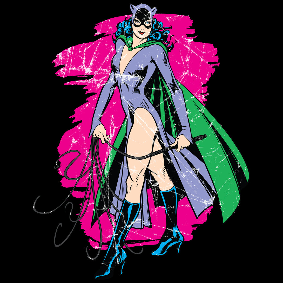 DC Comics Retro Catwoman Character Spray Official Women's T-shirt Black - Urban Species Design Close Up