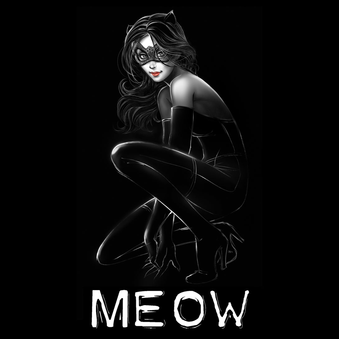 DC Comics Catwoman Text Meow 01 Official Women's T-Shirt Black - Urban Species Design Close Up