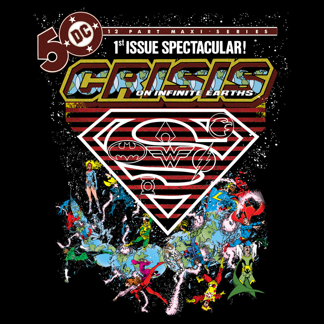 DC Comics Crisis Logo Justice League Official Men's T-shirt Black - Urban Species Design Close Up