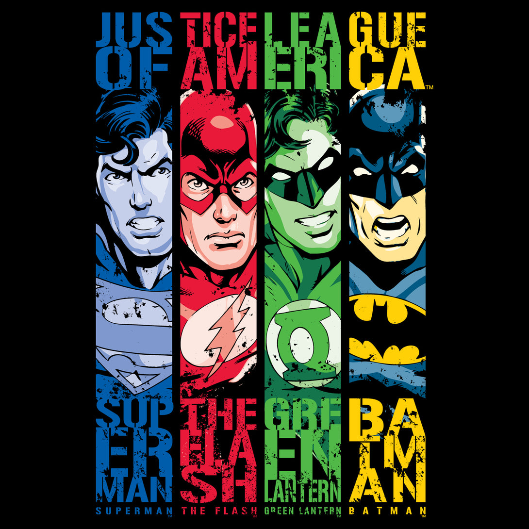 DC Comics Justice League Stripped Official Kid's T-Shirt Black - Urban Species Design Close Up