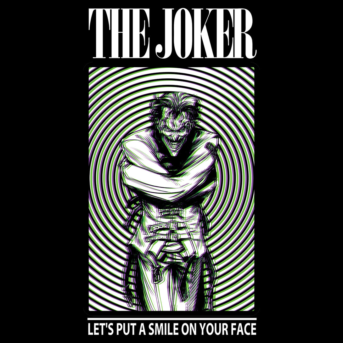 DC Comics Joker Poster Swirl Smile Official Men's T-Shirt Black - Urban Species Design Close Up