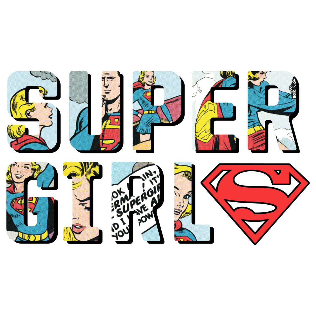 DC Comics Supergirl Logo Comic Strip Official Women's T-shirt White - Urban Species Design Close Up