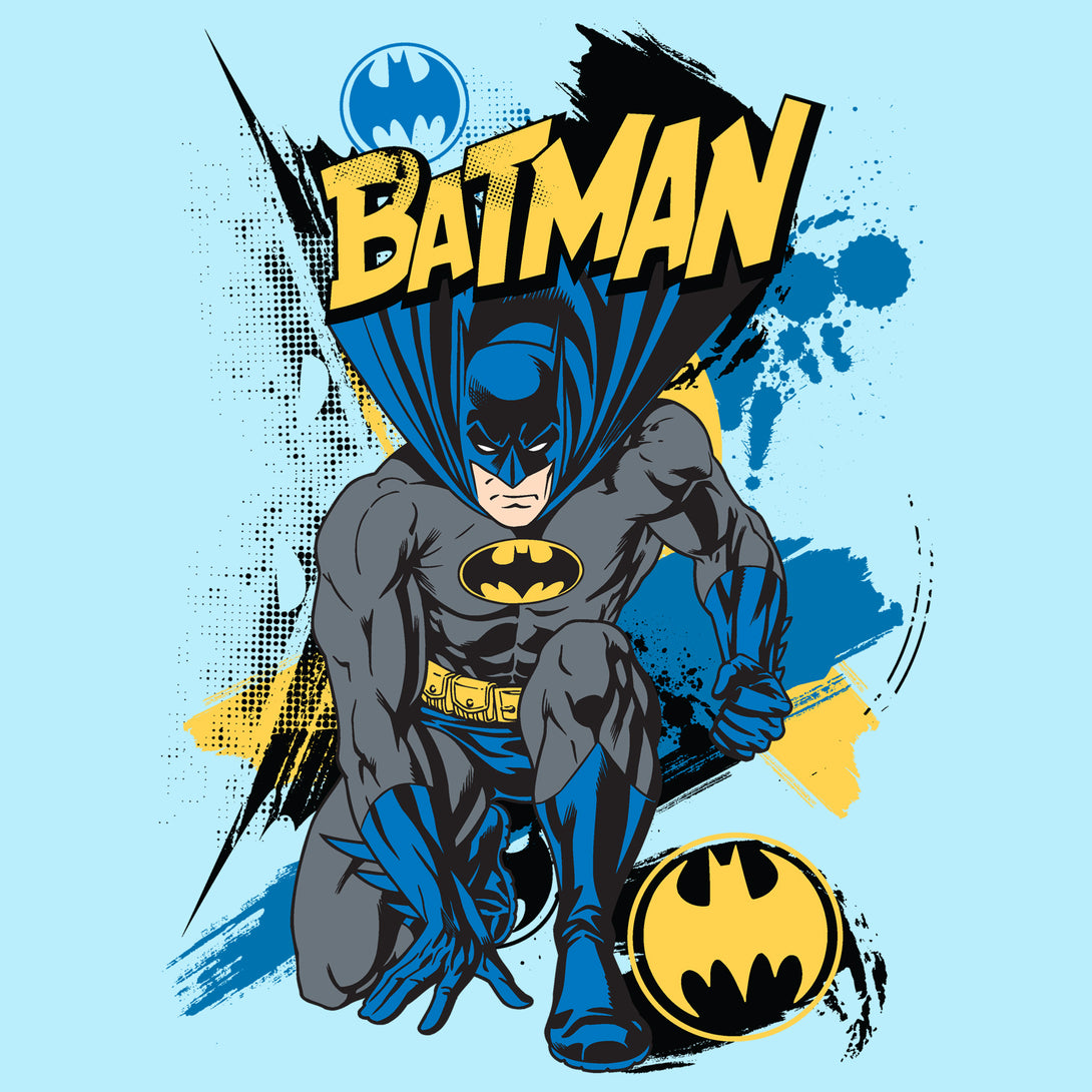 DC Comics Batman Crouch Official Kid's T-Shirt Sky Blue - Urban Species Design Close Up
