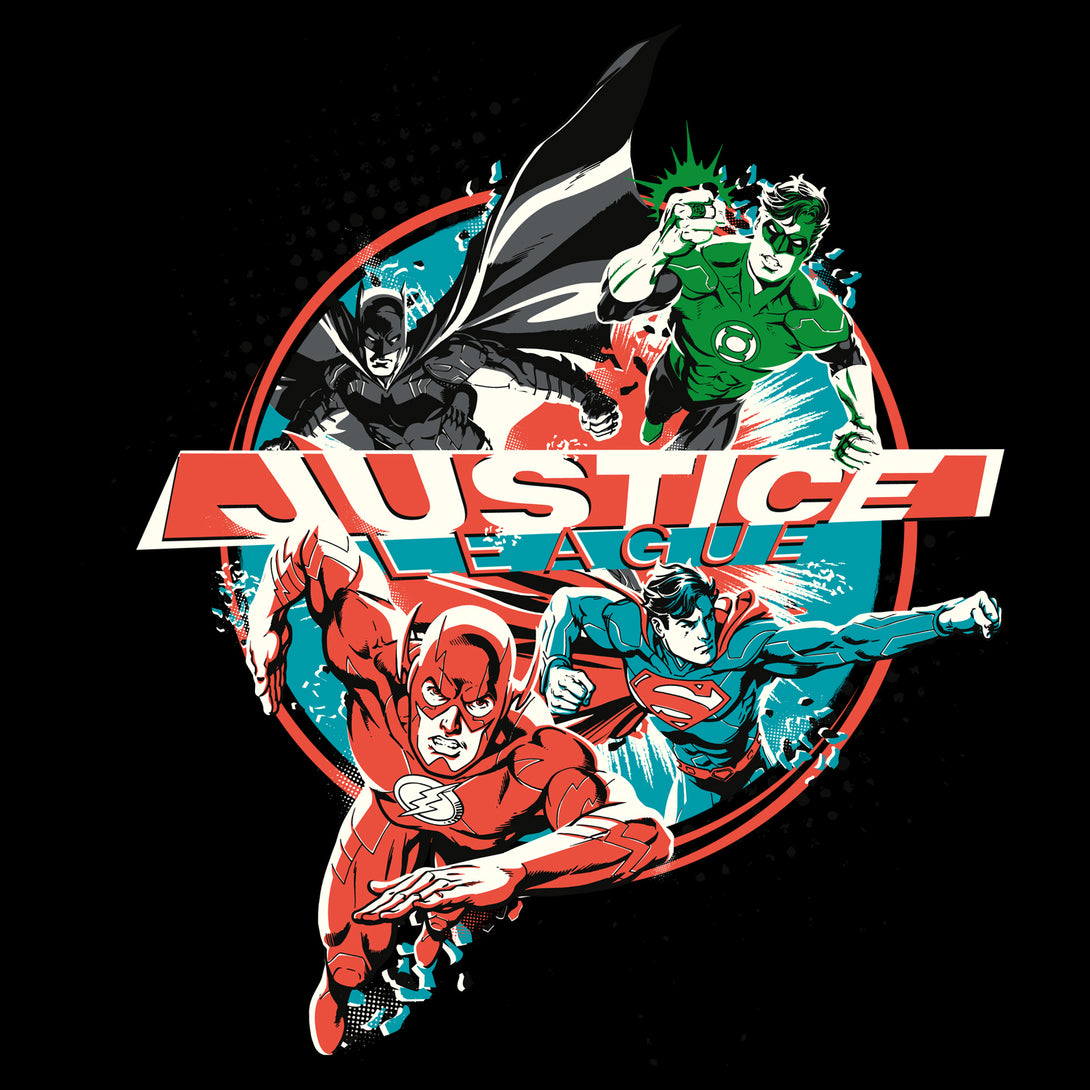 DC Comics Justice League Logo Group Action Official Kid's T-Shirt Black - Urban Species Design Close Up