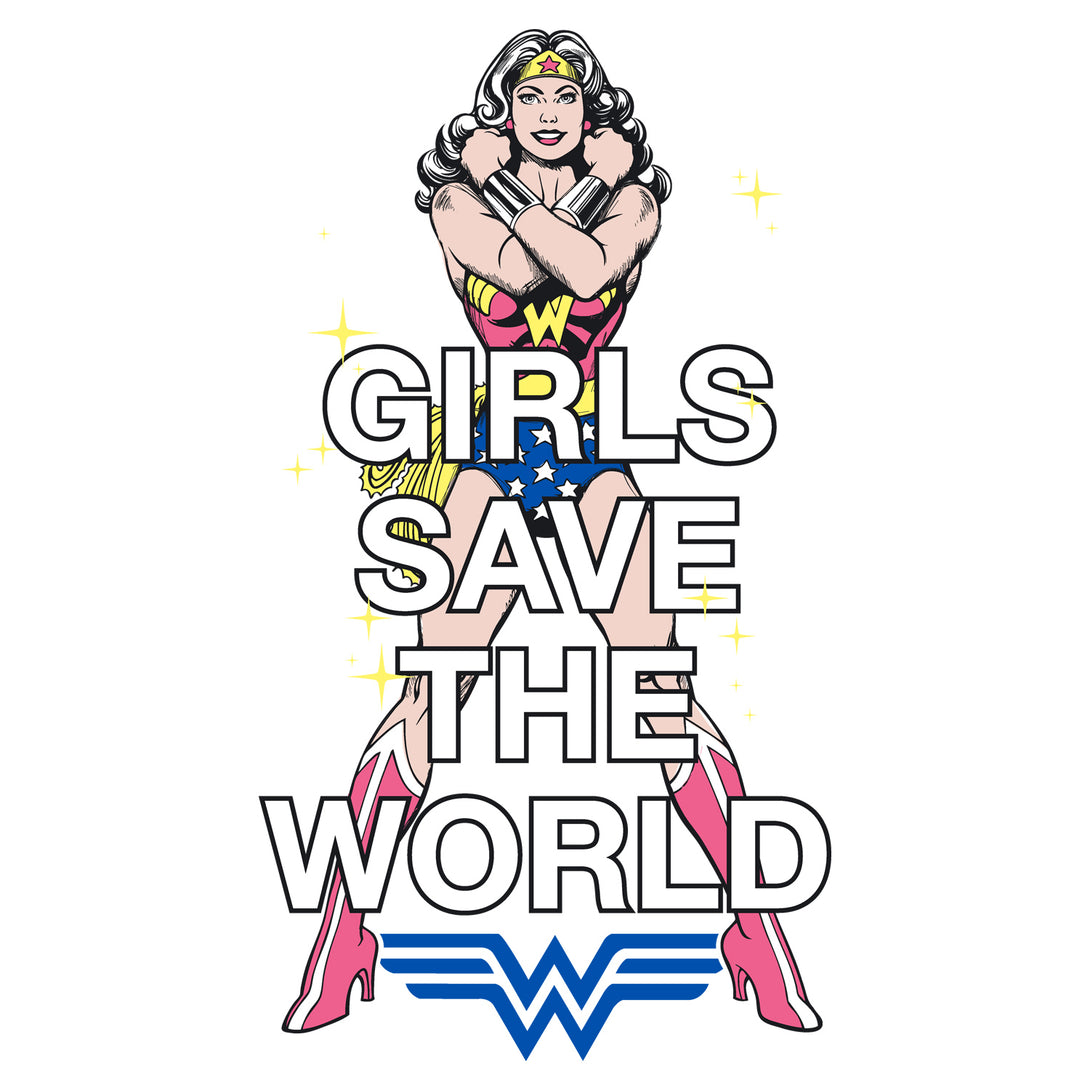 DC Comics Wonder Woman Girls Save World Official Kid's T-shirt (White) - Urban Species Kids Short Sleeved T-Shirt