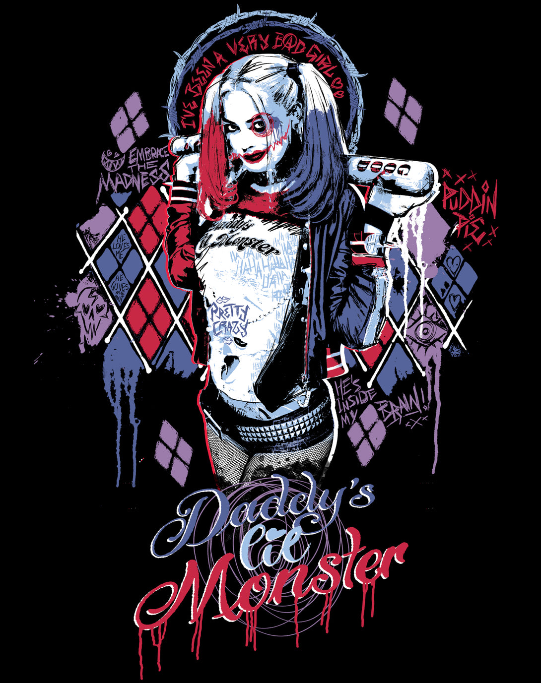 DC Comics Suicide Squad Harley Quinn Lil Monster Official Varsity Jacket Black - Urban Species Design Close Up
