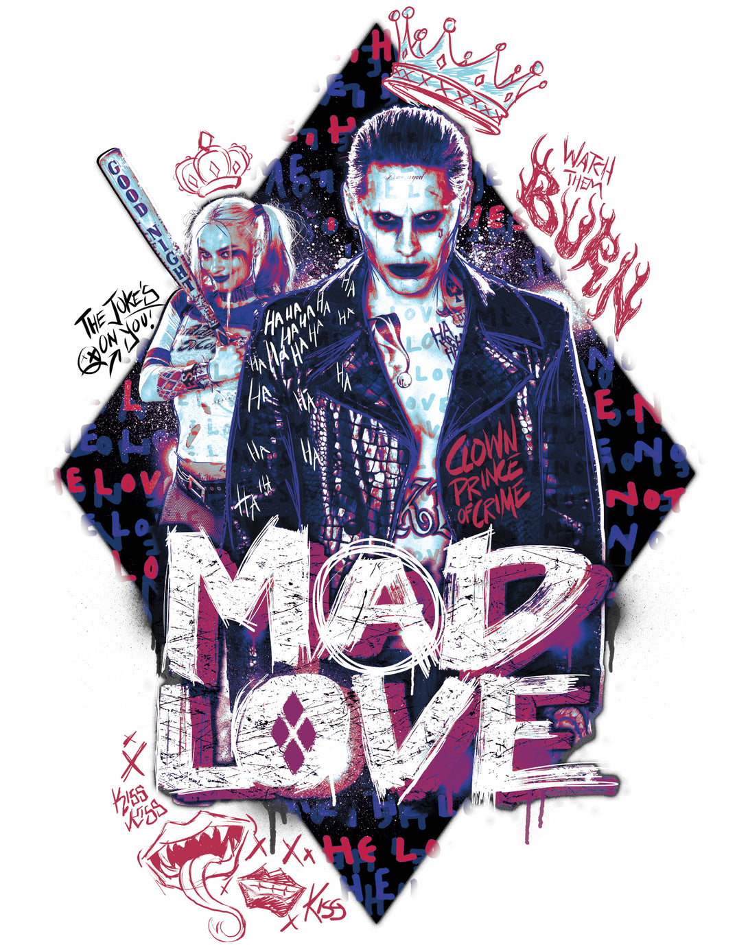 DC Comics Suicide Squad Joker-Harley Quinn Mad Love Official Sweatshirt White - Urban Species Design Close Up