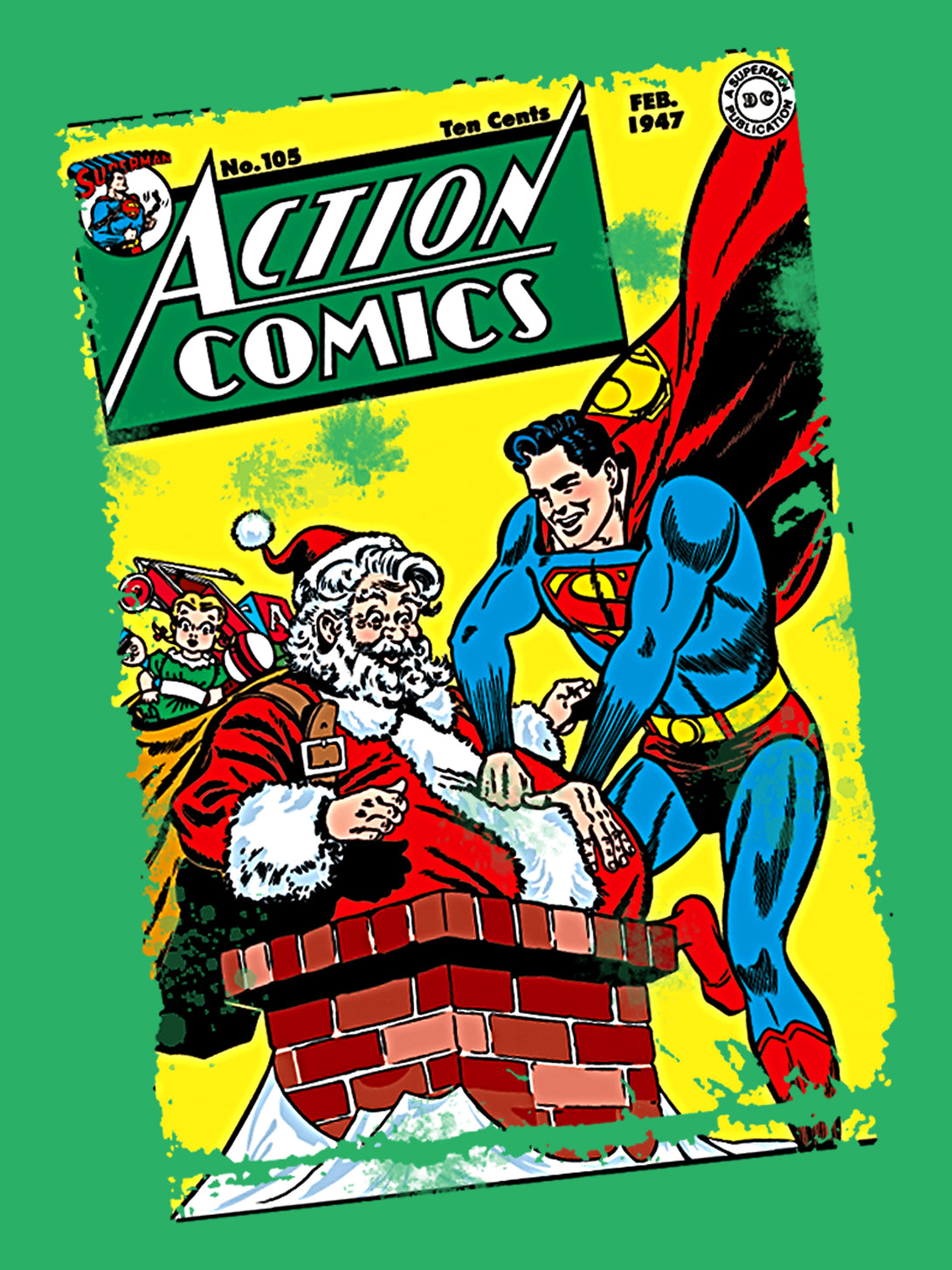 DC Comics Superman Cover 105 Xmas Men's T-Shirt Green - Urban Species Design Close Up
