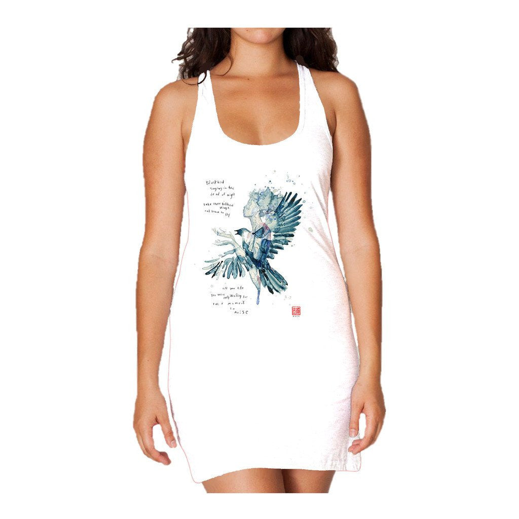Beatles David Mack Blackbird Official Women's Long Tank Dress (White) - Urban Species Ladies Long Tank Dress