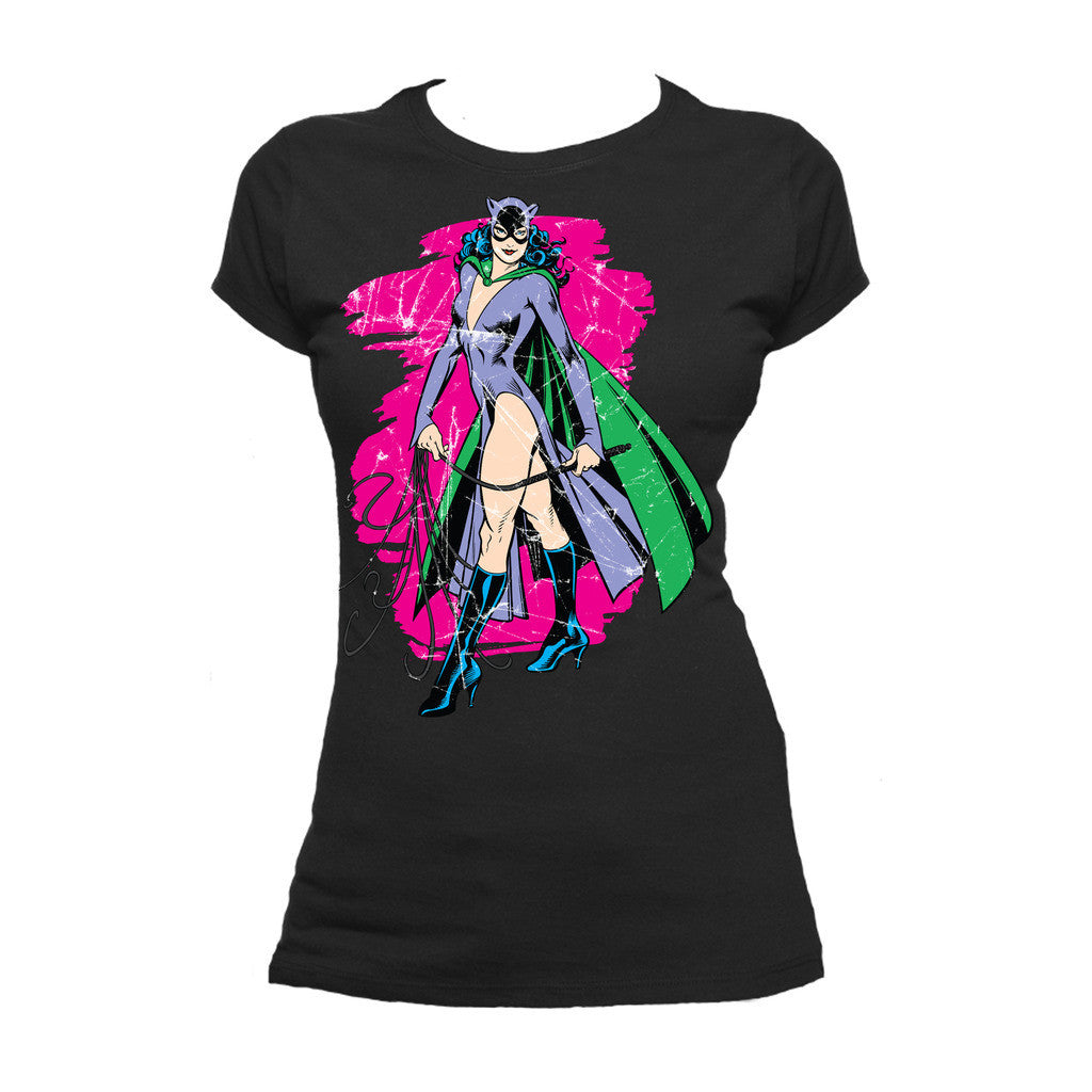 DC Comics Retro Catwoman Character Spray Official Women's T-shirt Black - Urban Species