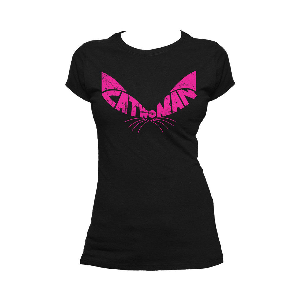 DC Comics Retro Catwoman Logo Ears Distressed Official Women's T-shirt Black - Urban Species