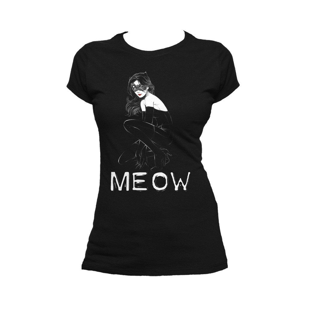 DC Comics Catwoman Text Meow 01 Official Women's T-Shirt Black - Urban Species