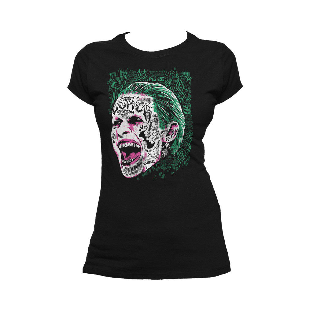DC Suicide Squad Harley Quinn Joker Face Tattoo Official Women's T-shirt (Black) - Urban Species Ladies Short Sleeved T-Shirt