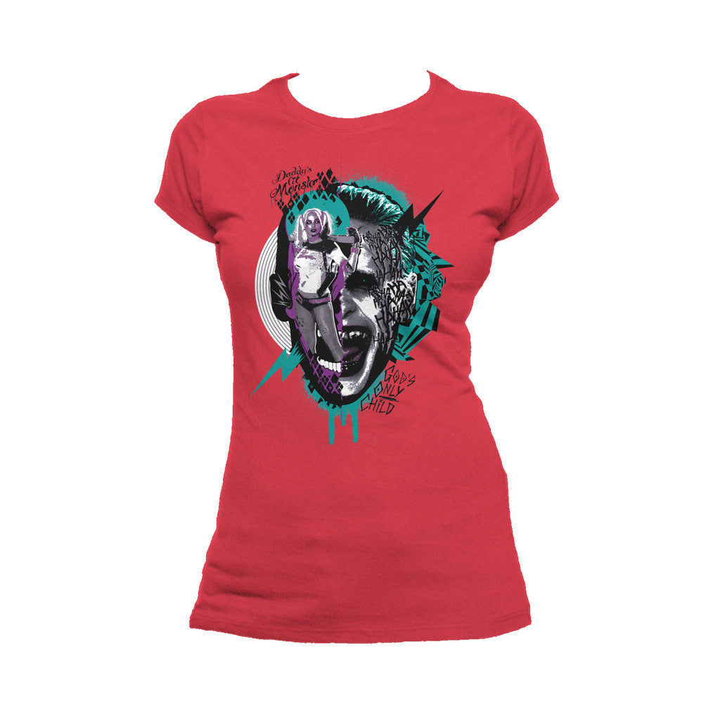 DC Suicide Squad Joker-Harley Quinn Collage Official Women's T-shirt (Red) - Urban Species Ladies Short Sleeved T-Shirt